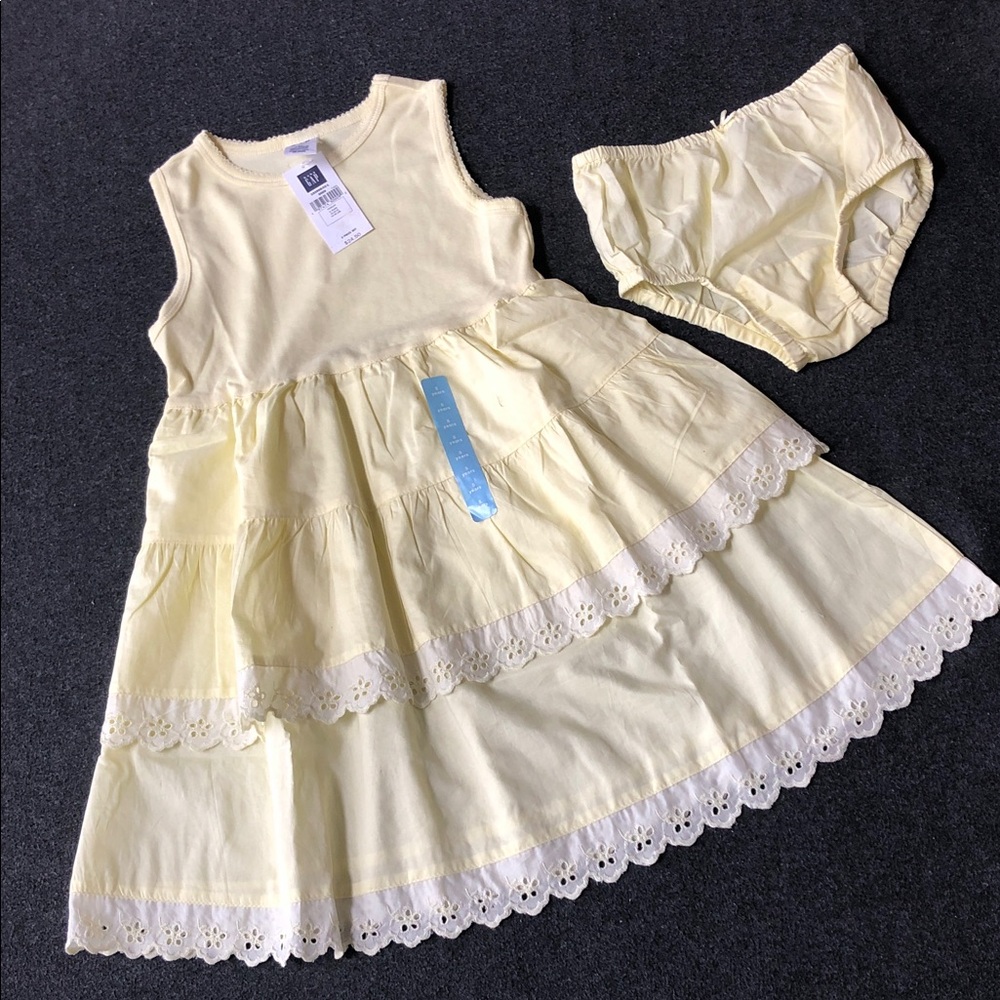 Gap 100% Cotton Yellow Sleeveless Tiered Eyelet Dress Matching Bloomers Size 5